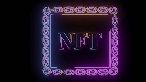 Futuristic neon animation of the glowing text “NFT” framed by digital blockchain chains, symbolizing non-fungible tokens, crypto art, and digital collectibles. The bright blue, purple, and yellow line - Powered by Shutterstock - Get 15% off with code: PIKWIZARD15