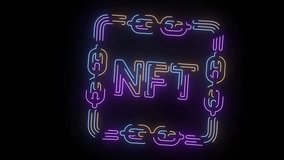 Futuristic neon animation featuring the glowing text “NFT” surrounded by linked blockchain chains, symbolizing digital art, crypto assets, and non-fungible tokens. The vibrant blue, purple, and yellow - Powered by Shutterstock - Get 15% off with code: PIKWIZARD15