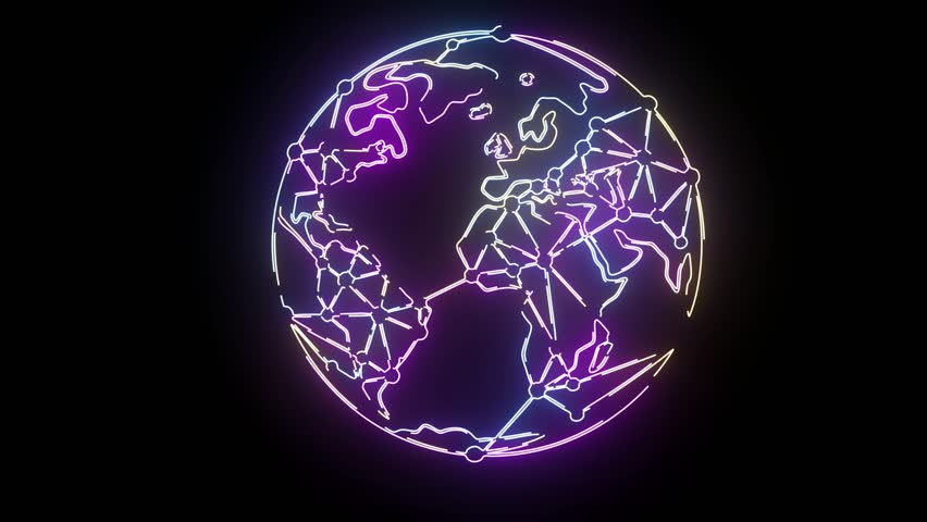 Futuristic neon animation of a glowing digital globe with connected network lines, symbolizing global communication, blockchain connectivity, and digital technology. The vibrant blue, purple, and yell - Powered by Shutterstock - Get 15% off with code: PIKWIZARD15