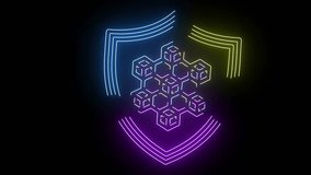 Futuristic neon animation showing a glowing digital shield combined with a blockchain network structure. The cyber protection design symbolizes data security, cryptocurrency, and decentralized network - Powered by Shutterstock - Get 15% off with code: PIKWIZARD15