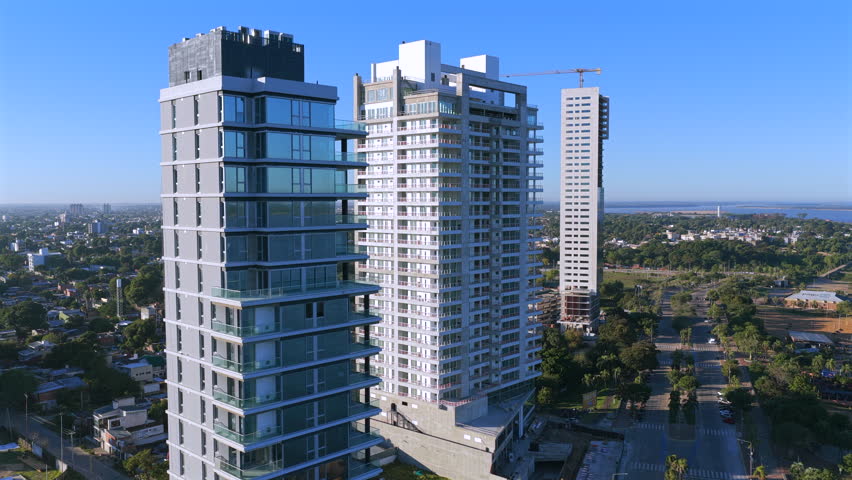 Aerial view of modern residential towers in Corrientes, Argentina.