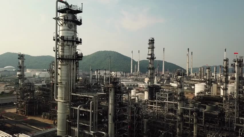Gas Oil depot, Crude Oil Refinery Plant Steel Pipe line and Chimney Cooling tower, Chemical Petrochemical sunset industry processing complex.