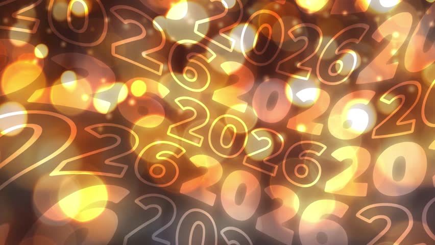 Horizontal 4K video. Loop animation. Wave text 2026 on gold bokeh lights background. Screensaver for social media with outline, fill bold font. Concept of Happy New Year event, Christmas celebrations