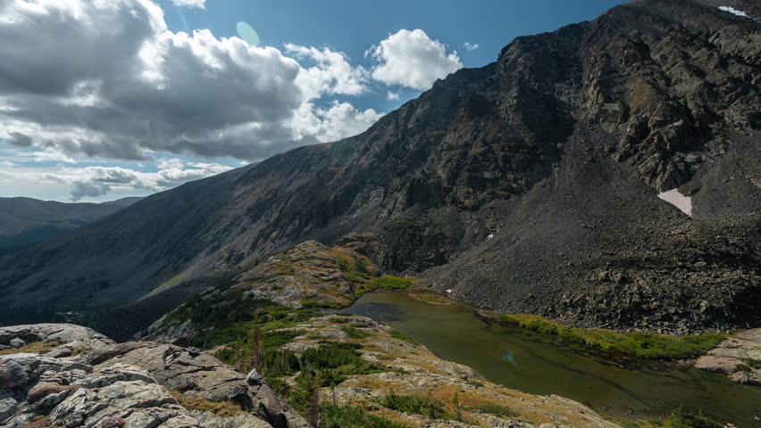 Timelapse of Clouds Moving Above Lake and Mountain Range in White River National Forest, Rocky Mountains, Colorado USA