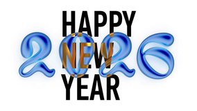 Horizontal 4K video. Animation with falling transparent blue jelly liquid hand drawn 3D numbers 2026 and black and gold glossy shining shiny text Happy New Year on white background. Winter holiday - Powered by Shutterstock - Get 15% off with code: PIKWIZARD15