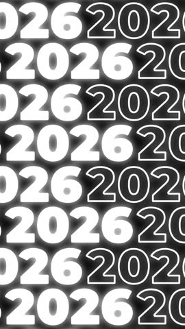 Vertical 4K video. White text 2026 on black background moves horizontally. Loop flat animation. Wallpaper for social media with outline, fill bold font. Concept of Happy New Year, Merry Christmas 