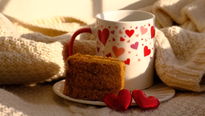 Cup of coffee and sweet honey carrot cake, romance atmospheric mood, two red hearts, knitted warm plaid and sunlight. Breakfast for Valentines Day	