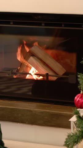 Vertical video: Woman receiving red mug from friend, sitting at fireplace savoring warm drink aroma. Coziness, warmth, friendship, interior, comfort, relaxation, vertical video