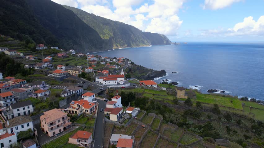 Aerial view of scenic landscape in Madeira Island, Seixal village built on volcanic rocks.