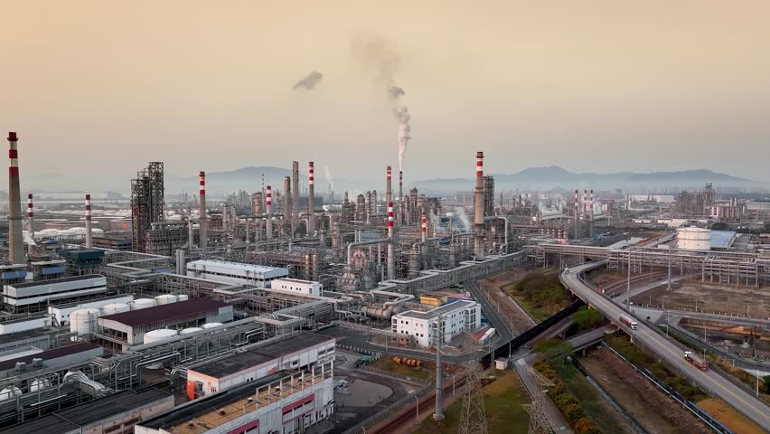 Aerial view of a chemical plant at sunset. Drone shot. Curling fire and cumin smoke filling the sky. Smoking chimneys from the factory. Chimneys of an oil refinery at sunrise pollute the environment