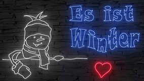 Es ist Winter (German it is winter) + silhouette of happy snowman and heart illuminated 3d illustration retro neon signs, cute 10s 4k video art, Christmas wishes in red blue white, sstkChristmas - Powered by Shutterstock - Get 15% off with code: PIKWIZARD15