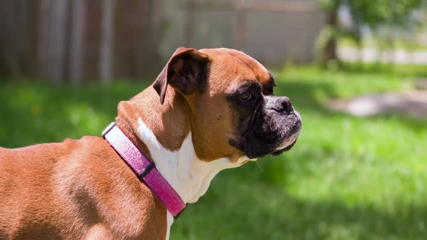 Boxer dog standing alert in a grassy garden. Captures pet behavior, outdoor activity, and the natural charm of this energetic canine breed.