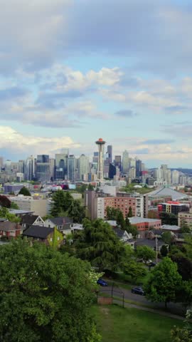 Vertical dolly in drone shot of Seattle