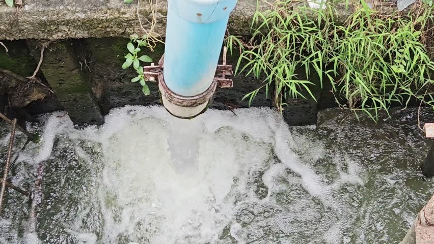 water cascade with clear, clear water flowing out from PVC pipe