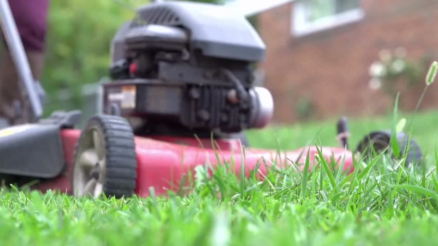 Slow-motion of grass being ejected from a lawn mower, highlighting gardening, yard maintenance, and outdoor landscaping in 4K.