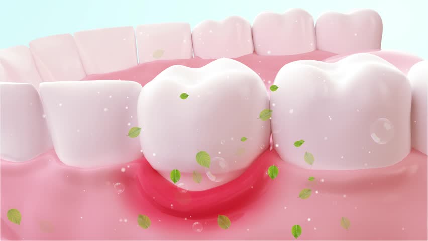 Treating swollen and red gums and periodontitis, essence bubbles in mouthwash and toothpaste repair gums, strengthen and whiten teeth, freshen breath, promote gum health.Oral hygiene product ads, 3D.