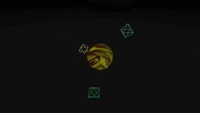 Abstract 3D animation of a textured, patterned sphere rotating in the center,surrounded by four colorful,wireframe polyhedrons spinning against a dark background.Perfect for tech, crypto, or VJ loops. - Powered by Shutterstock - Get 15% off with code: PIKWIZARD15