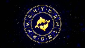 A visually captivating animation featuring the Pisces zodiac sign alongside a horoscope wheel on a dark blue cosmic background. Perfect for astrology content, horoscope videos, zodiac-themed projects - Powered by Shutterstock - Get 15% off with code: PIKWIZARD15
