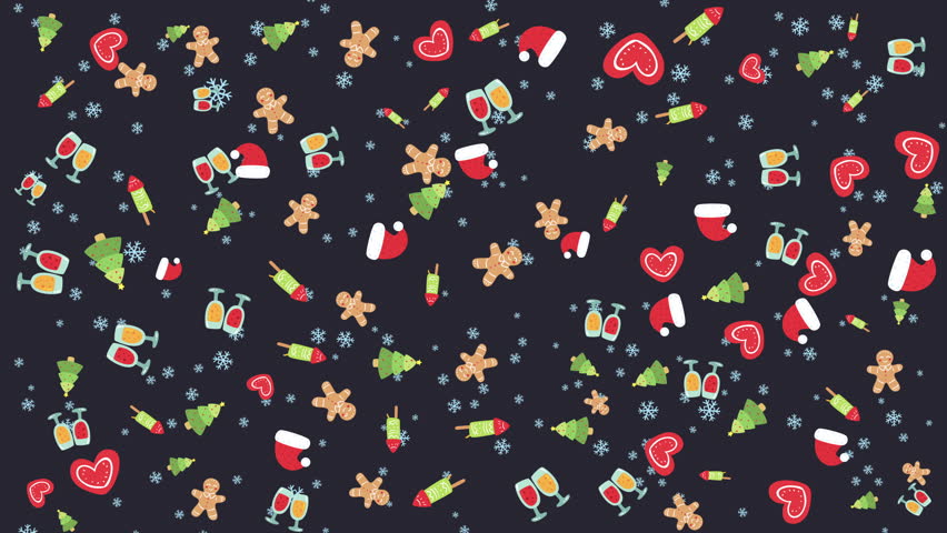 4k animated of seamless christmas pattern featured cute icon of gingerbread, christmas tree, christmas hat, rocket fireworks with snow falling on black background. - Powered by Shutterstock - Get 15% off with code: PIKWIZARD15