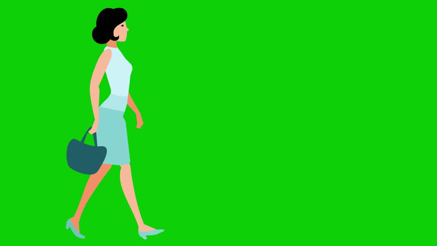 a woman striding across on green screen with a bag in hand, animated chromakey background composition style gesture illustration colorful frame figure scene