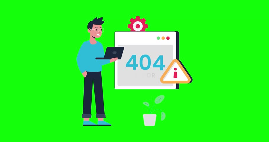 Animated business character facing a 404 error on a computer screen, concept of website error and troubleshooting.