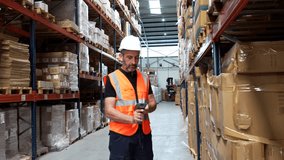 Middle aged warehouse manager in a hard hat and safety vest using a handheld barcode scanner for inventory management, then smiling confidently at the camera in a large storage facility - Powered by Shutterstock - Get 15% off with code: PIKWIZARD15
