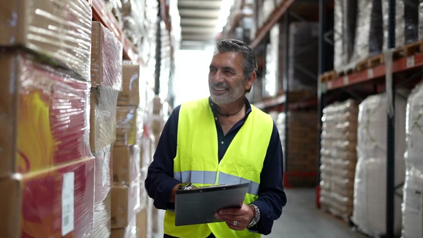 Senior logistic manager with a clipboard checking inventory and counting packages on the shelves. An experienced male worker in a safety vest inspecting shipment supply in a large warehouse - Powered by Shutterstock - Get 15% off with code: PIKWIZARD15