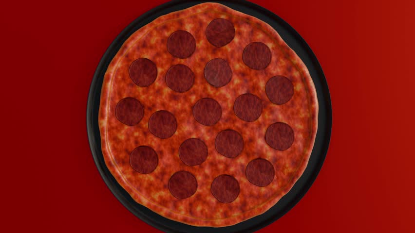  A 3d animation of spinning classic pepperoni pizza set against a dark red background emphasizing the perfect circular form.