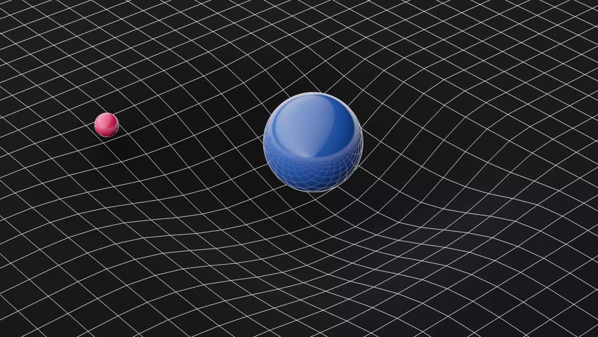 General Relativity Spacetime Fabric - Massive Sphere Warps Grid, Small Sphere Spirals Inward 3D computer generated animation 