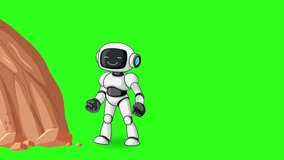 Cartoon robot flies with jetpack, lands, and punches rock, causing debris, on green screen - Powered by Shutterstock - Get 15% off with code: PIKWIZARD15