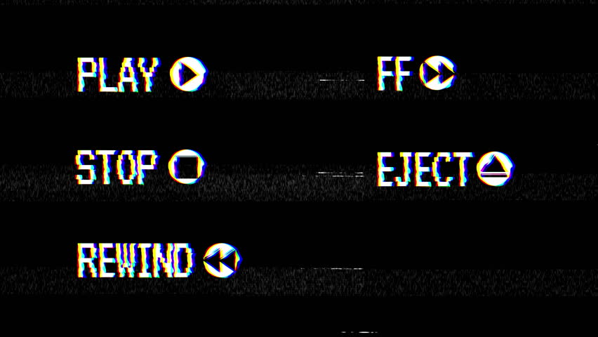 5 VHS playback elements animation, with screen distortion, noise and glitch on black background. Include: Play, Stop, Rewind, Fast forward, and Eject. 4k video.