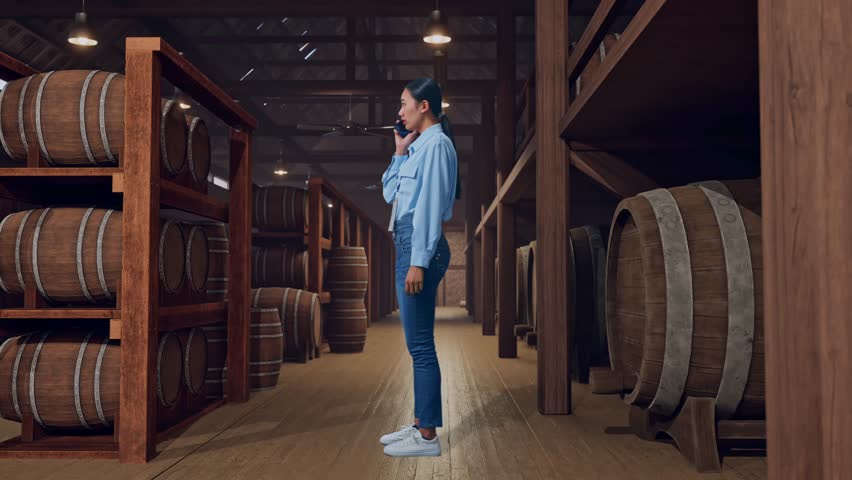 Full Body Side View Of An Asian Female Professional Worker Standing In Cellar Of Winery, She Is Speaking With Someone In The Phone