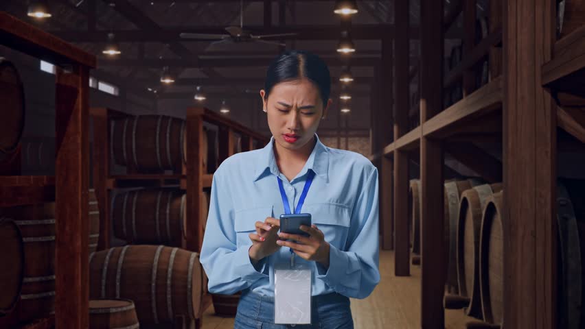 Asian Female Professional Worker Standing With Her Smarphone In Cellar Of Winery, She Is Nodding Her Shead With Dissapionted