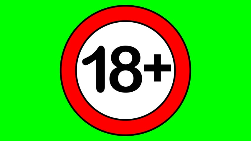Animated age-restricted sign for adult content on a bright green screen