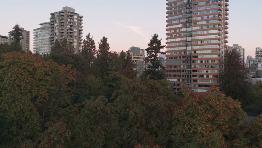 Low rising aerial shot above Stanley Park during moonrise in Vancouver, British Columbia, Canada. 4K