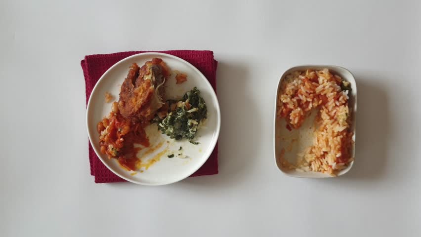 Serving Rice, Chicken, Creamy Spinach and Carrot Salad on White Plate	