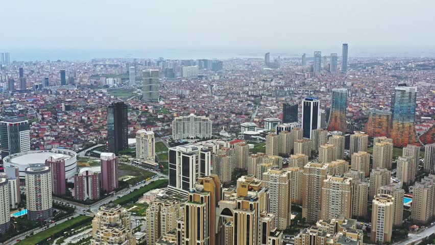 Aerial view of Istanbul reveals a dense cityscape, where modern skyscrapers rise above traditional buildings, creating a vibrant contrast, Istanbul, Istanbul, Turkiye.