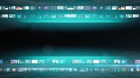 digital opener with many small videos in slide bars moving to side. Black empty space for title or headline. Streaming backdrop - Powered by Shutterstock - Get 15% off with code: PIKWIZARD15