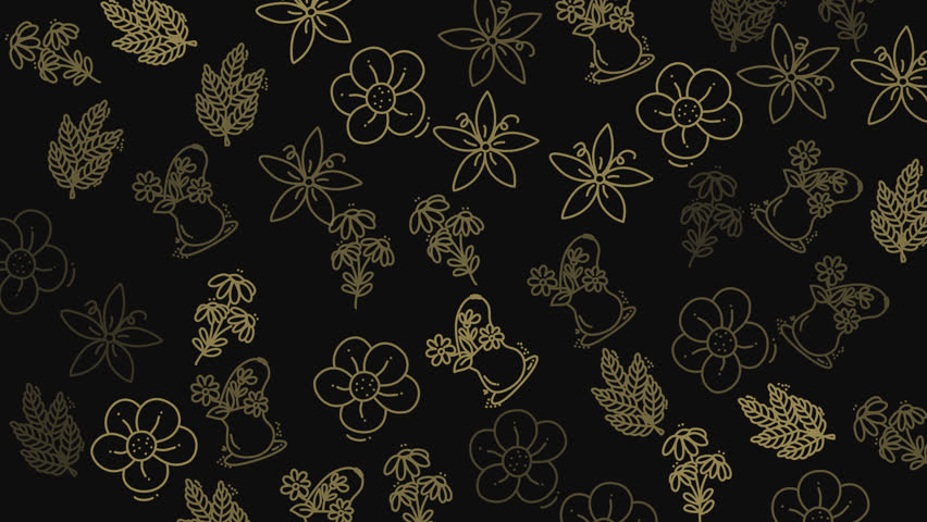 Seamless Looping Hand-Drawn Floral Doodle Pattern with Elegant Gold Line Art of Flowers, Leaves, and Vases on a Deep Black Background, Perfect for Luxury, Wedding, and Formal Branding