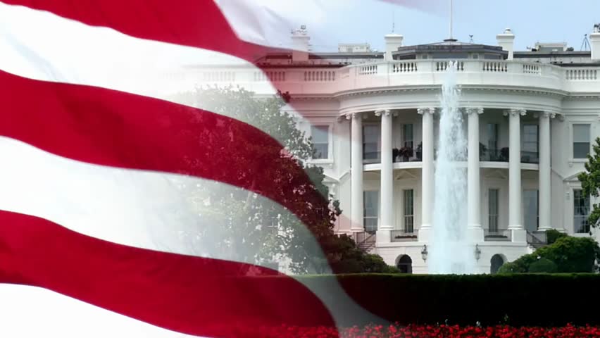 Slow-motion American flag overlaid on the White House, symbolizing patriotism, national pride, government, and iconic US landmarks.