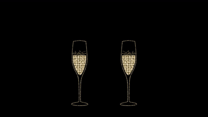 Two glasses of champagne made of golden particles clink on a transparent background. 