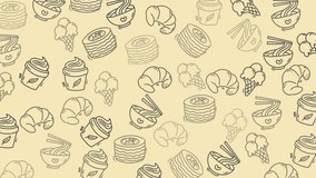Seamless Looping Hand-Drawn Food Doodle Pattern Featuring Croissants, Ice Cream, Sushi, Ramen, and Coffee Cups on a Soft Beige Background, Ideal for Menus and Culinary Content - Powered by Shutterstock - Get 15% off with code: PIKWIZARD15