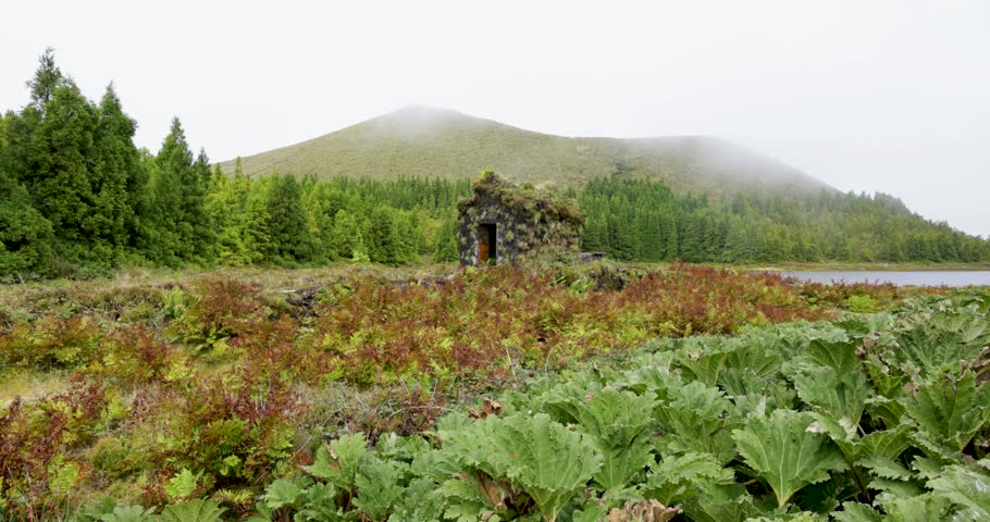 A small stone cabin on a foggy day with a lake at Lagoa Rasa and a path leading to it. The path is lined with plants and rocks. Static shot.