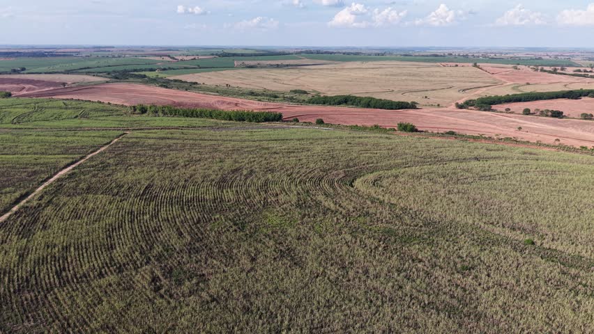 A sprawling agricultural vista unfolds, showcasing diverse crops and fields. The rural landscape is captured from an aerial perspective, highlighting the beauty of farming and cultivation.