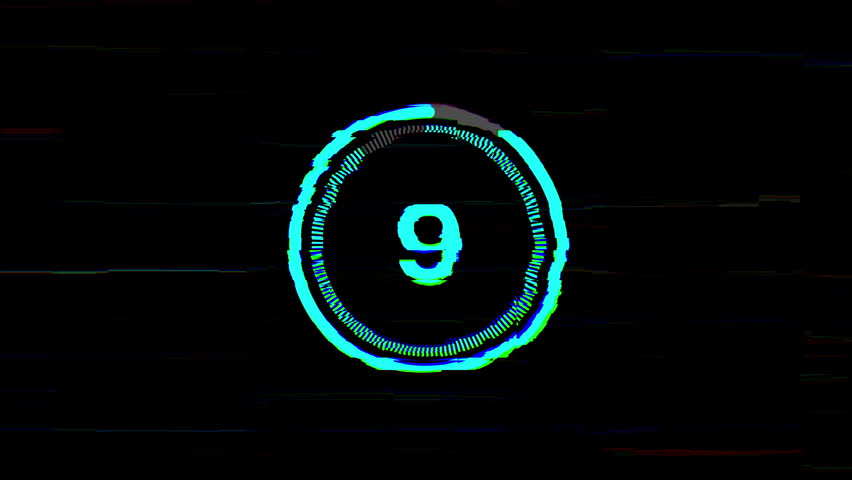Blue neon digital 10 second countdown animation with circular timer, glitch distortion, and VHS noise effect. Perfect for intros or motion graphics. 4K video

