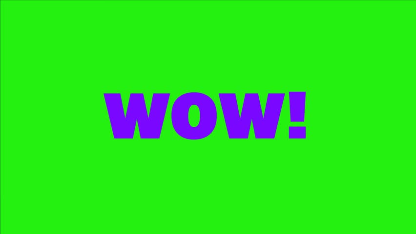 Purple  “Wow!” text glitch animation on green screen background, fun expressive animation  for reaction, meme and creative design projects, chroma key. Render animation.