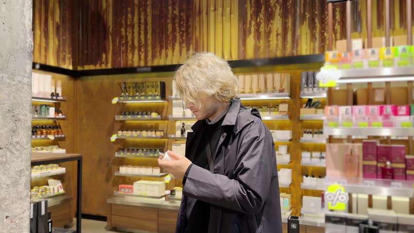 Man buying make up at cosmetics section in store. choosing cosmetics, perfumes, creams and shampoos, Using tester.	
