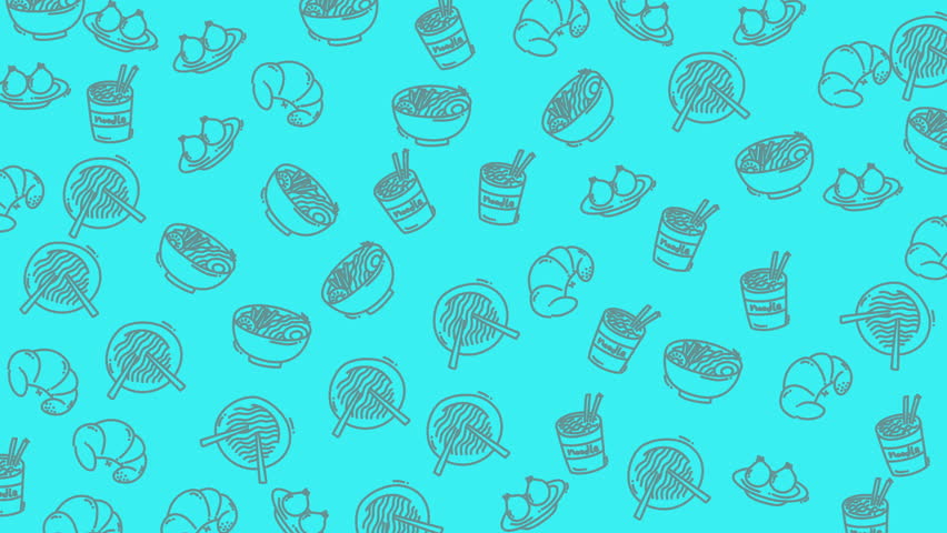 Cute seamless pattern with hand-drawn noodles, croissants, and dumplings on bright cyan background. Looping animation for food visuals.