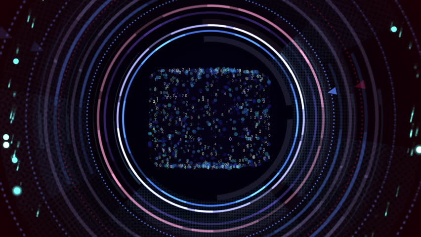 Spinning Numeric Cube HUD Animation in Futuristic Digital Interface. A futuristic HUD animation featuring a spinning numeric cube surrounded by digital interface elements and glowing circular graphics