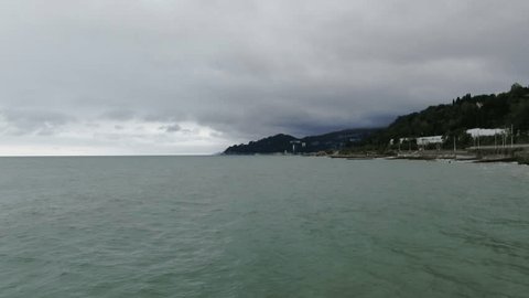 Aerial Drone View of Cloudy Coastline Hills and Sea in Sochi